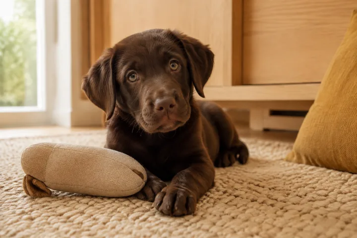 Cachorro de pelo marrón descansando sobre una alfombra junto a su juguete