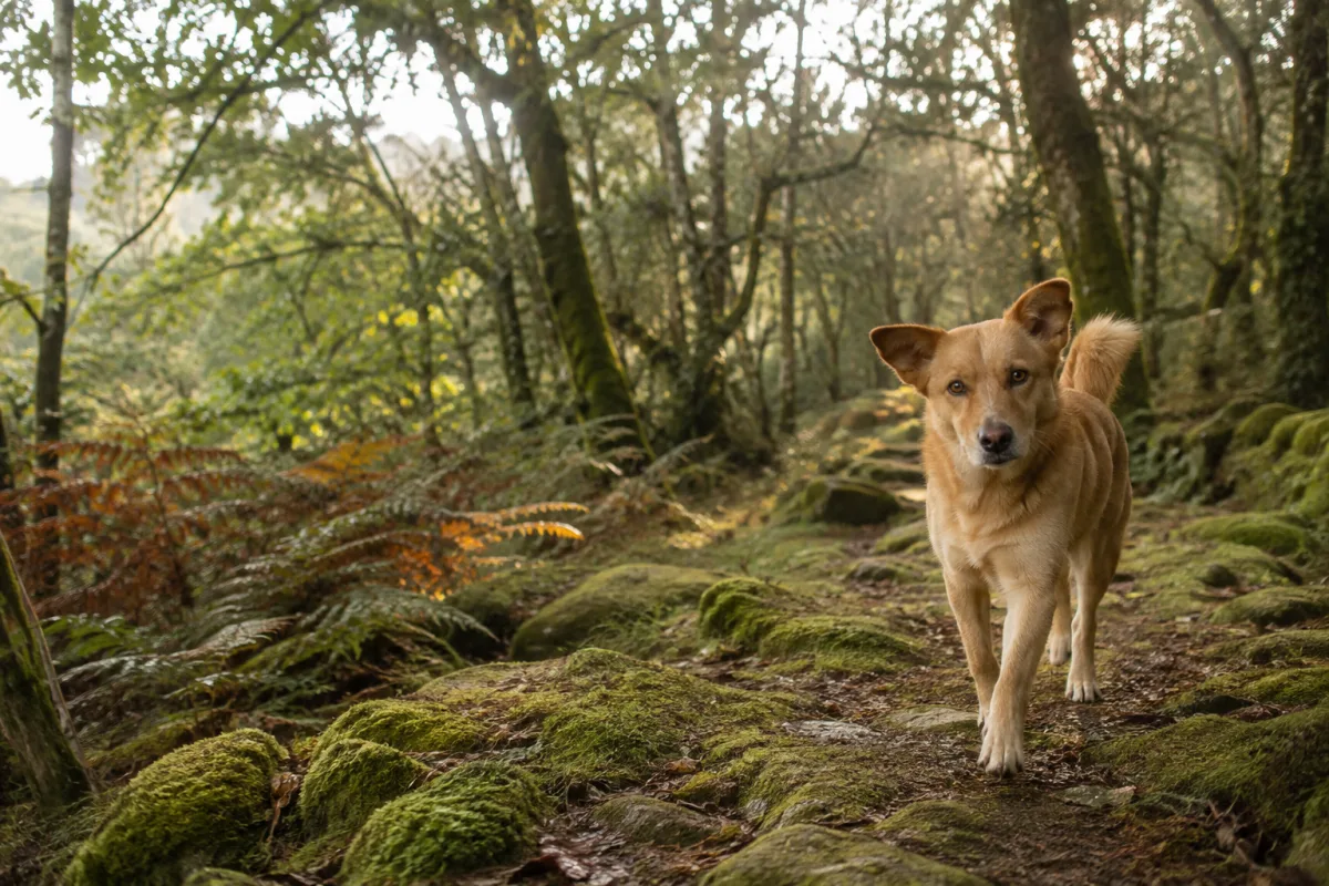 Perro de pelo dorado caminando por un sendero entre musgo y árboles